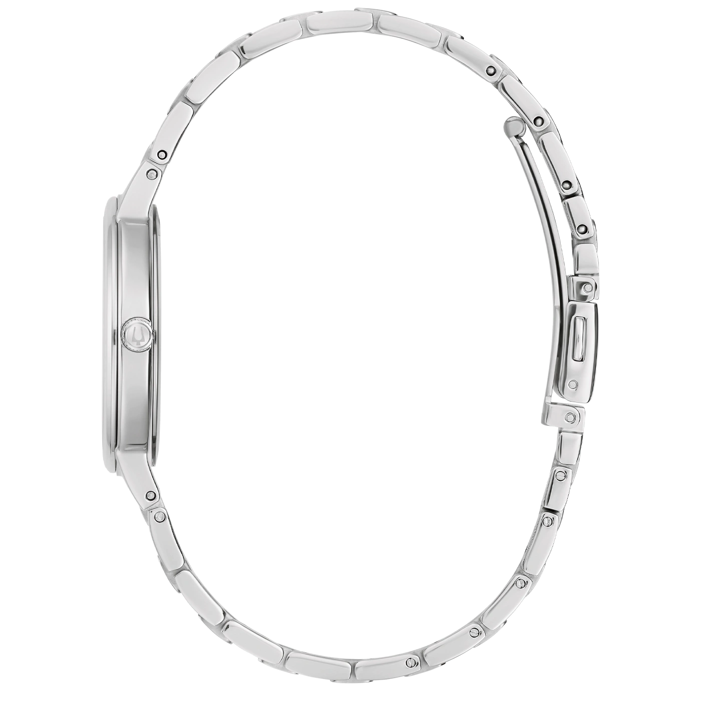 Zilveren dameshorloge, zijaanzicht, armband, ronde wijzerplaat, elegant, modern, accessoire