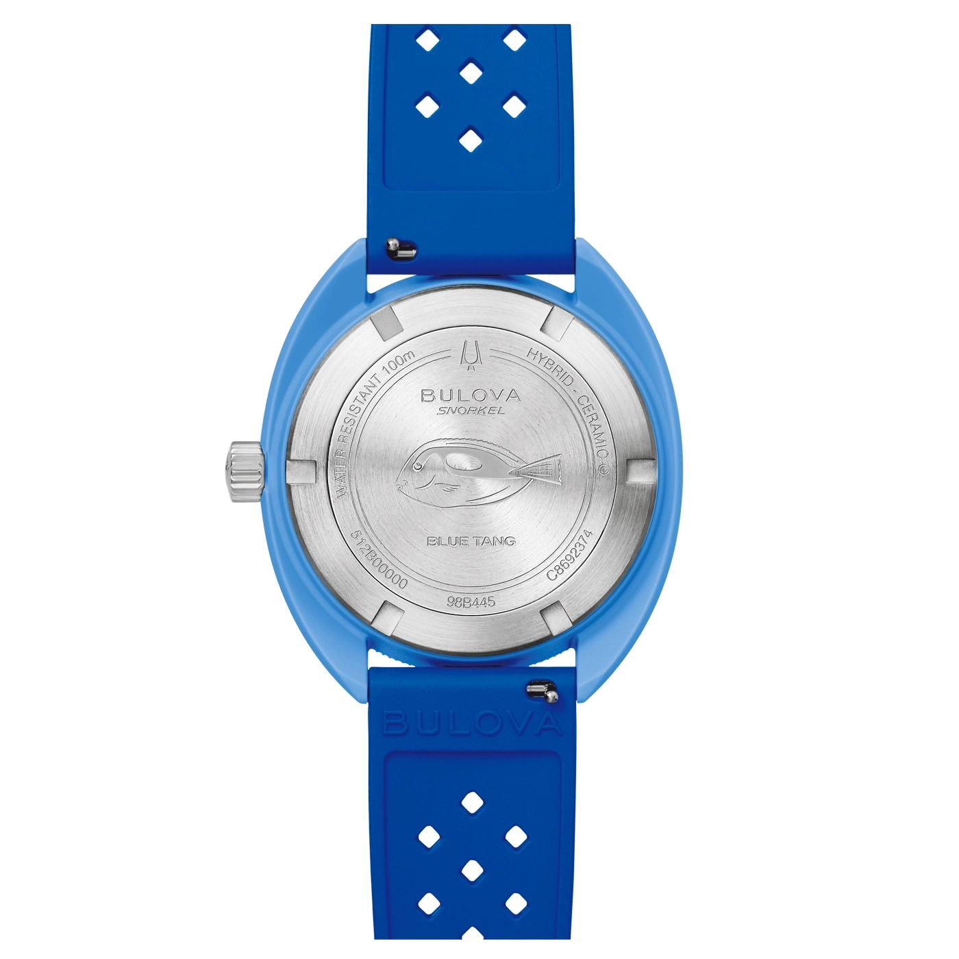 Blauw Bulova Snorkel horloge, detail van de achterkant en de band.