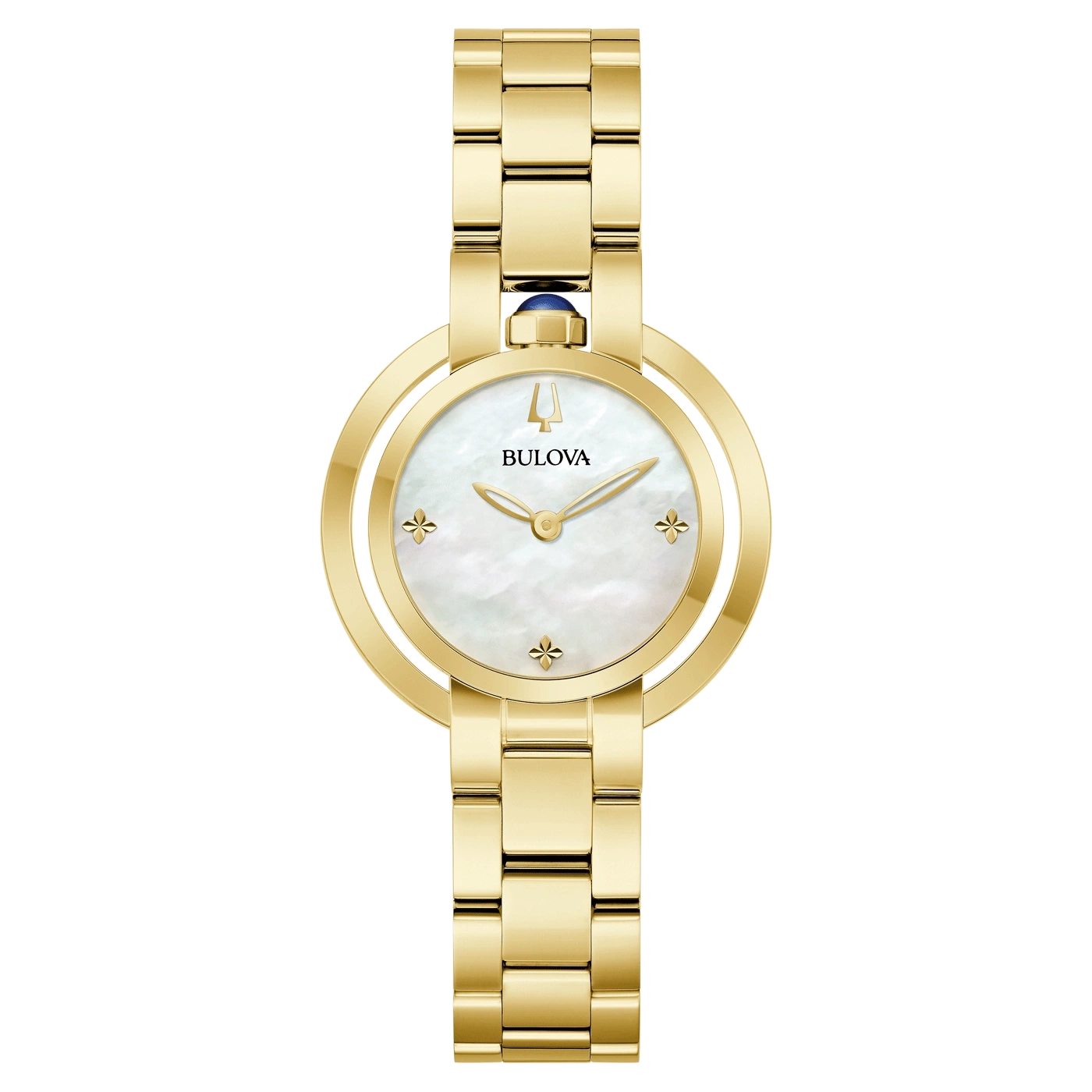 Gouden Bulova horloge met parelmoer wijzerplaat en diamanten, elegant.