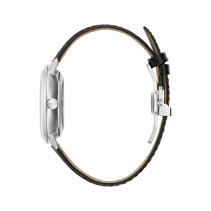 Bulova horloge, zilveren kast, zwart lederen band, detailopname, zijaanzicht, elegant