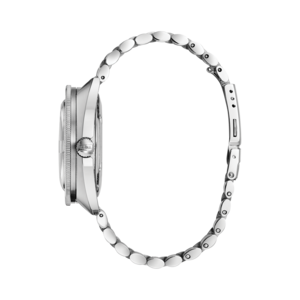Bulova horloge, zilveren band, detailopname, zijaanzicht, elegant design, accessoire