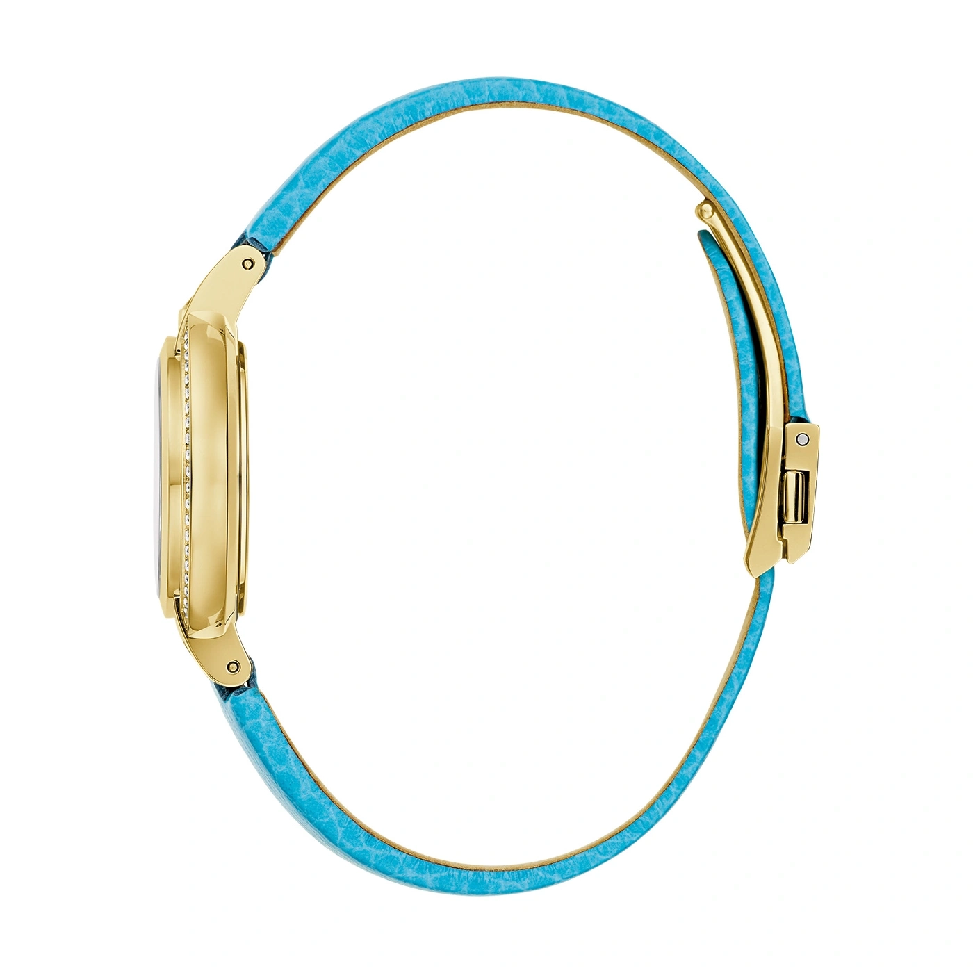 Gouden horloge met blauwe band. Sieraad, accessoire, mode, tijd, elegant.
