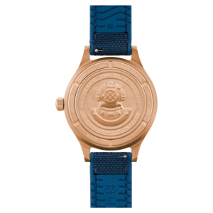 Bulova horloge, bronzen kast, 150 jaar jubileum, blauwe band, waterdicht tot 200m.