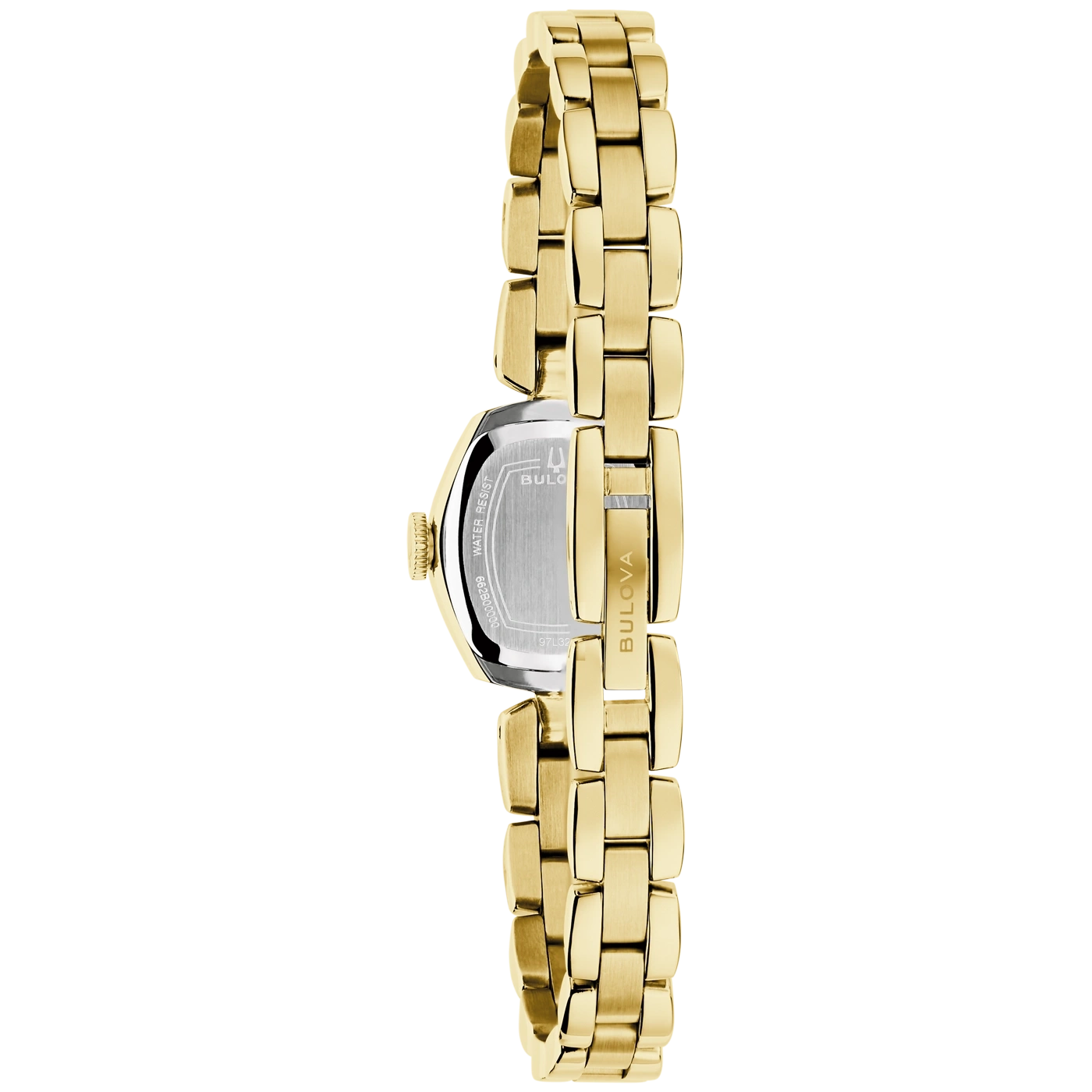 Een gouden Bulova horloge met gegraveerde achterkant en armband.