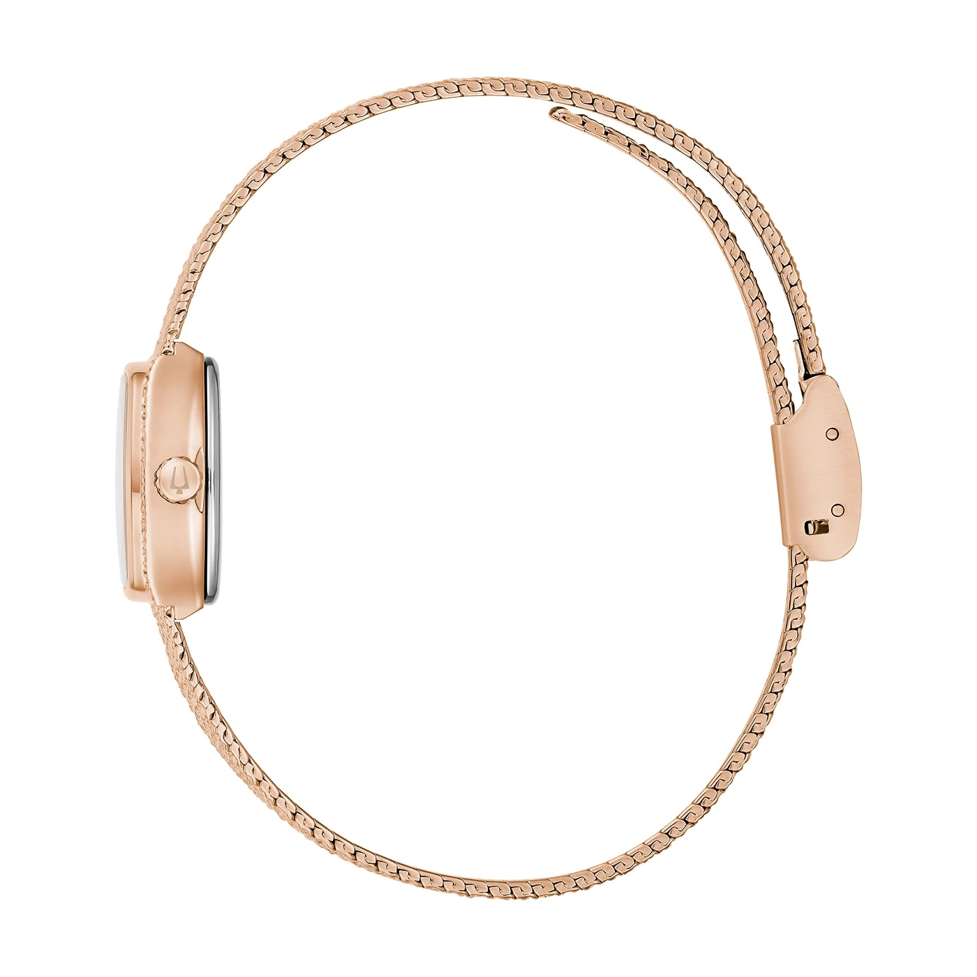 Rosegouden dameshorloge met delicaat armband, zijaanzicht, geïsoleerd op wit