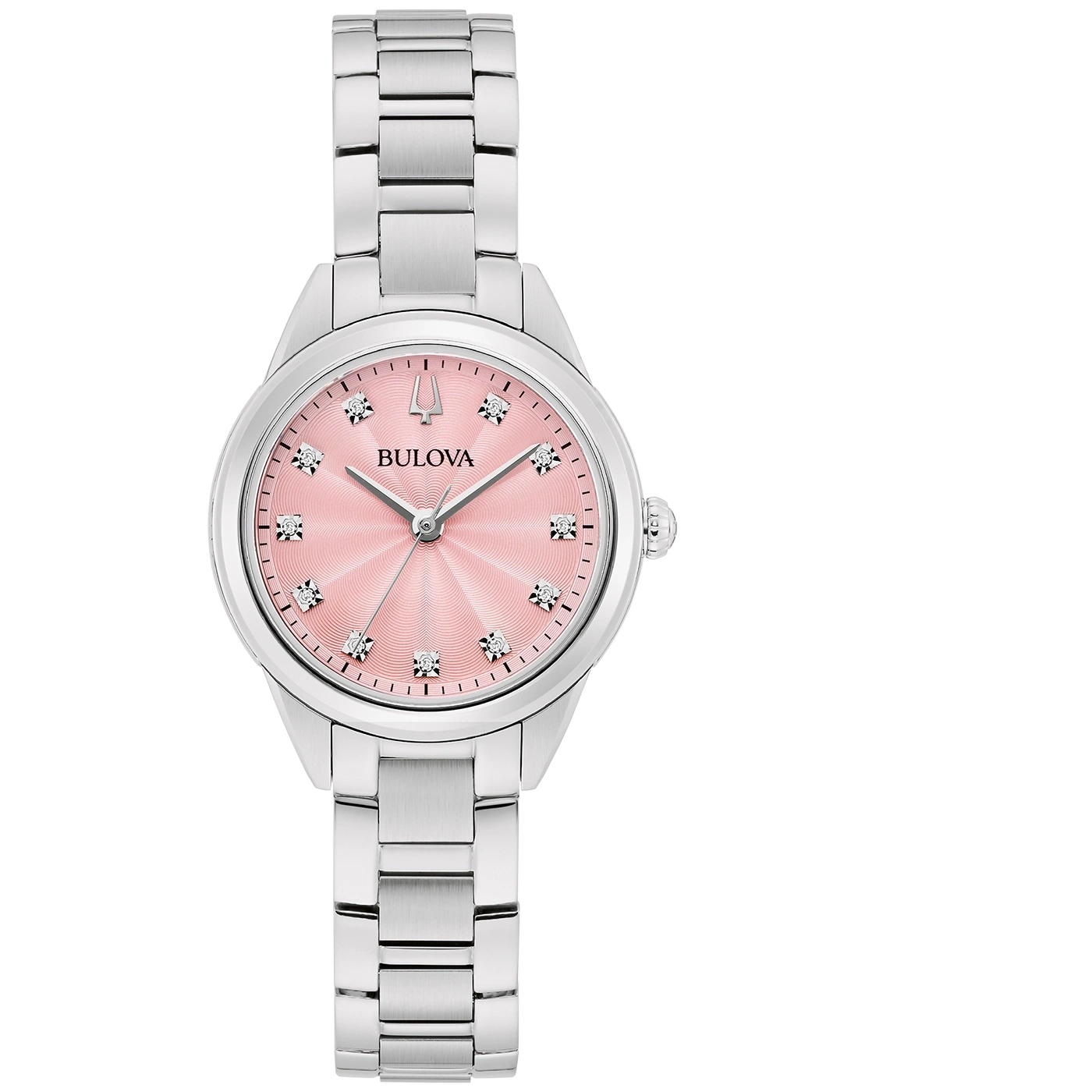 Bulova dameshorloge, roze wijzerplaat, zilveren band, diamanten, elegant