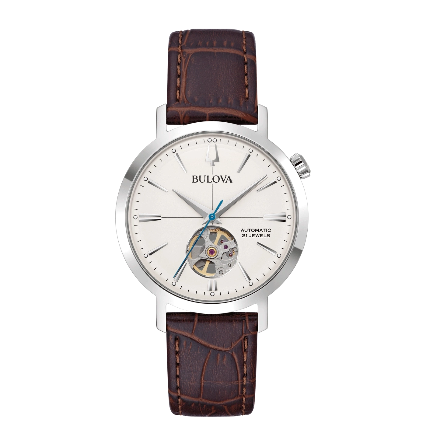 Bulova herenhorloge met bruine leren band en witte wijzerplaat