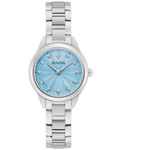 Bulova dameshorloge, lichtblauwe wijzerplaat, zilveren band, diamanten, elegant, stijlvol