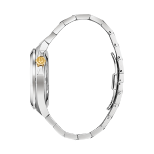 Zilveren horloge met gouden detail en armband, zijaanzicht, elegant