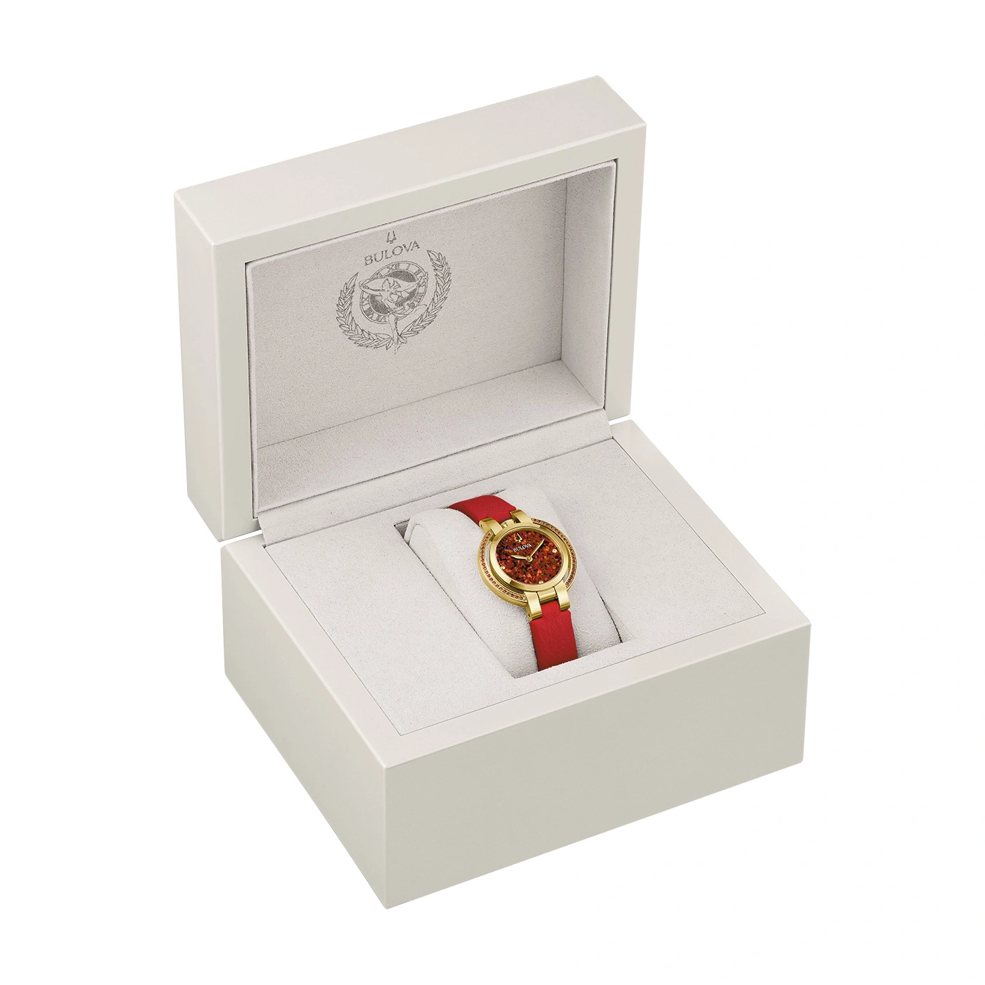Bulova horloge in een witte doos met rode band en gouden kast, elegant.