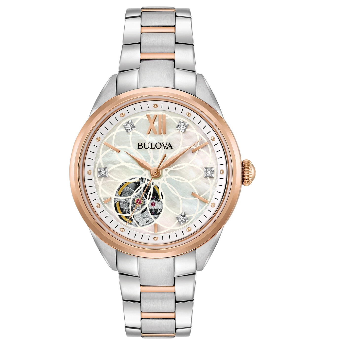 Bulova dameshorloge met roségouden kast en zilveren band, elegant en stijlvol.