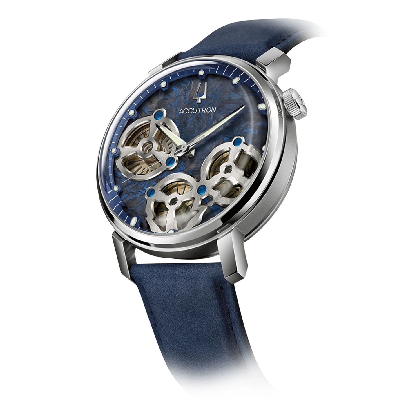 Een zilveren Accutron horloge met blauwe wijzerplaat en lederen band.