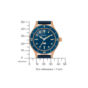 Blauw horloge met gouden behuizing en schaalverdeling in millimeters, Bulova merk.