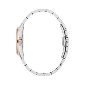 Horloge, zilveren band, roségouden wijzerplaat, zijaanzicht, elegant ontwerp, accessoire