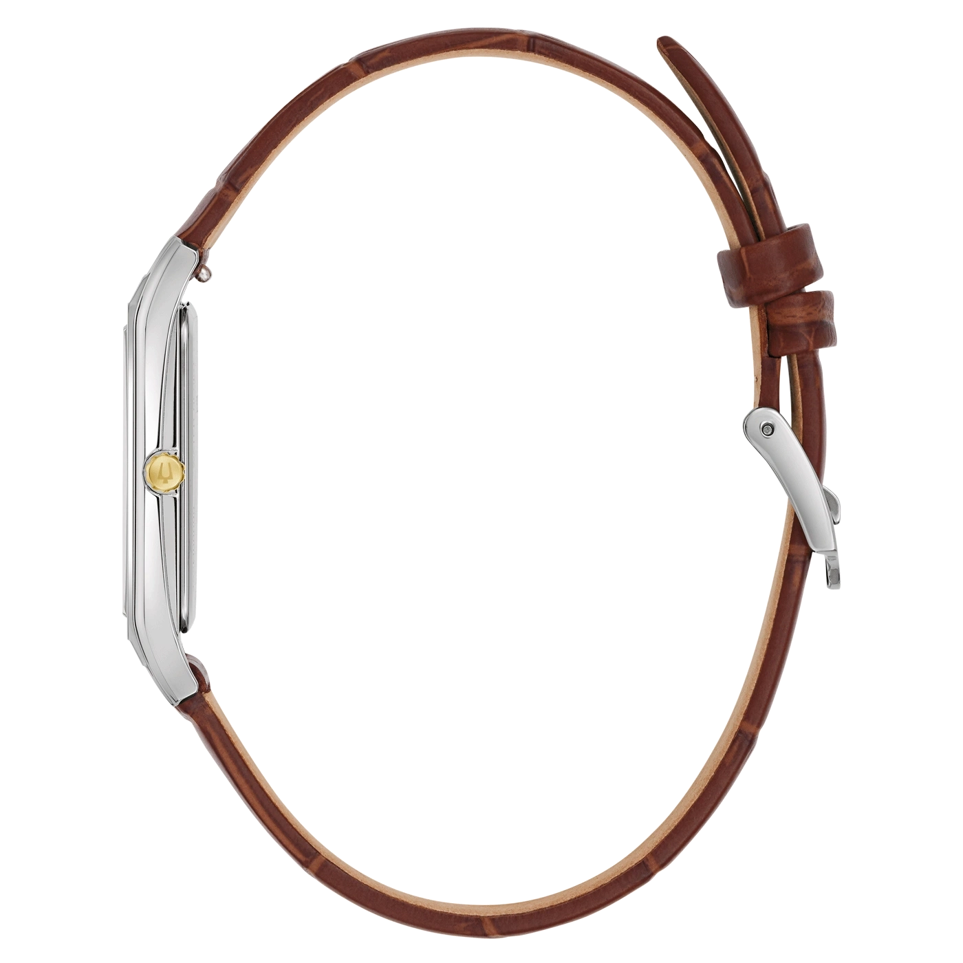 Horloge met bruine leren band, zijaanzicht, detailopname, geïsoleerd op witte achtergrond