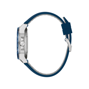 Blauw horloge met zilveren details en blauwe band, zijaanzicht.
