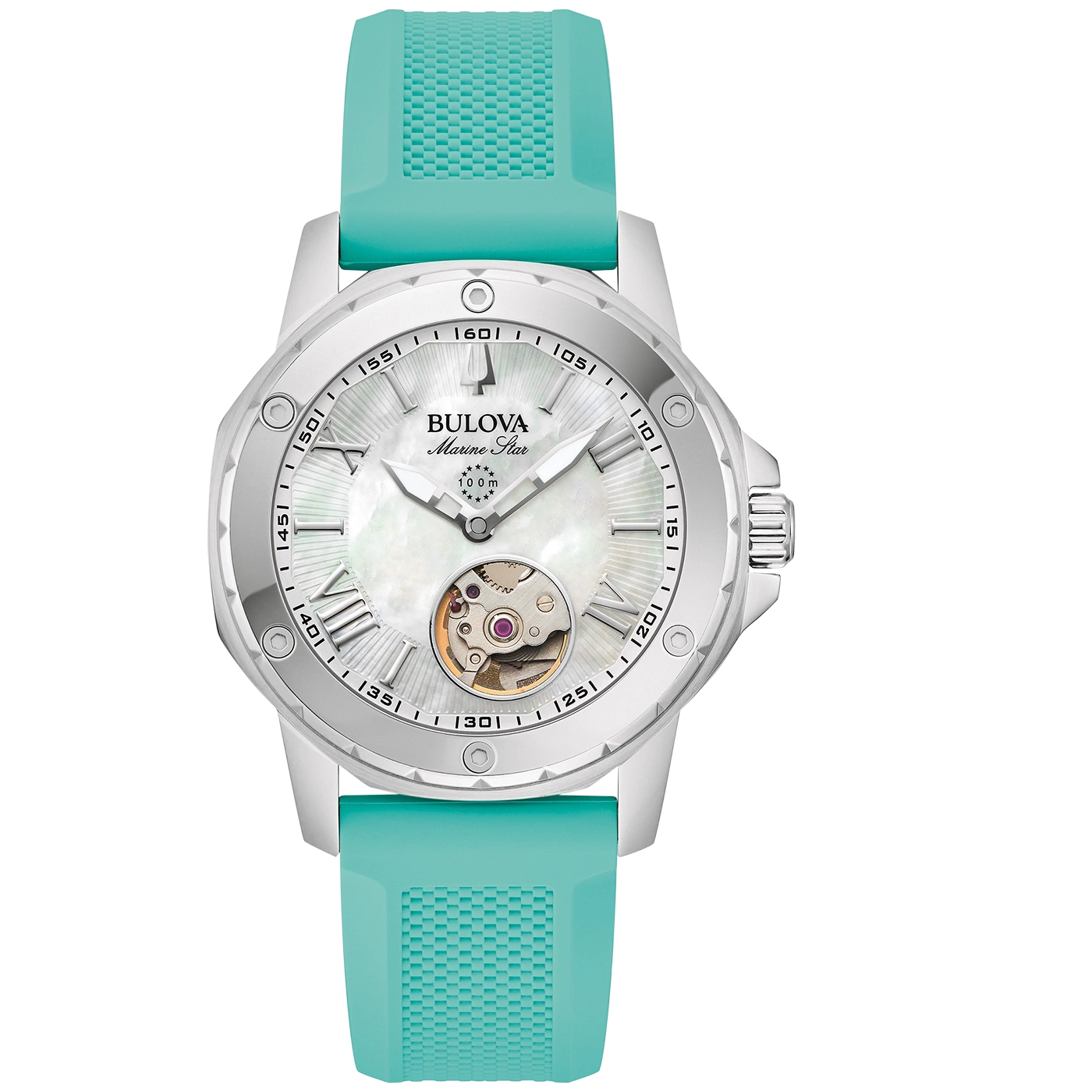 Bulova Marine Star horloge met turquoise band en wijzerplaat met Romeinse cijfers.