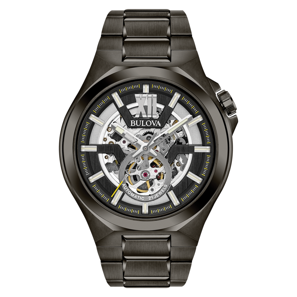 Bulova herenhorloge, skeleton wijzerplaat, automatisch, 21 juwelen, donkergrijs