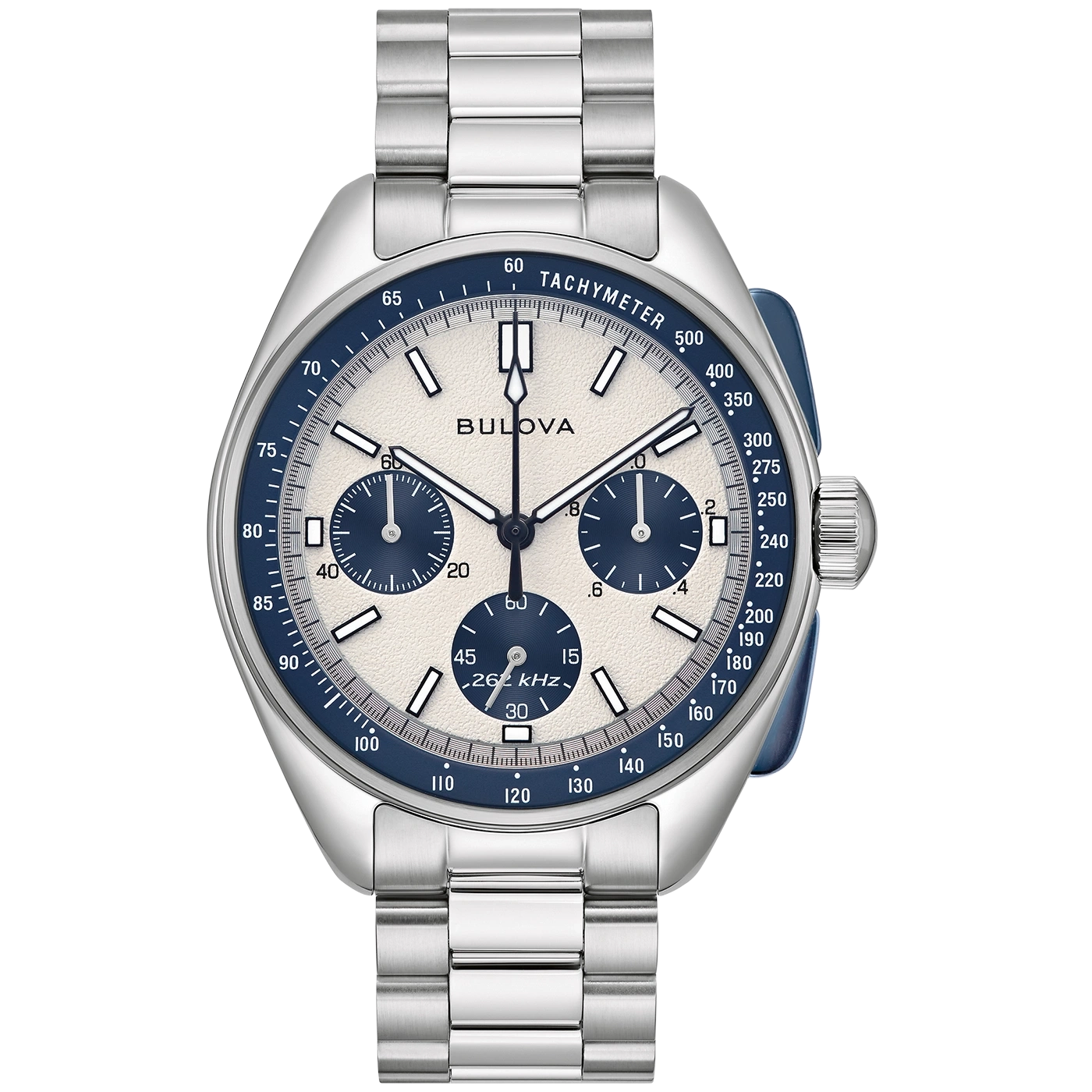 Bulova horloge met blauwe wijzerplaat en tachymeter, roestvrijstalen band.