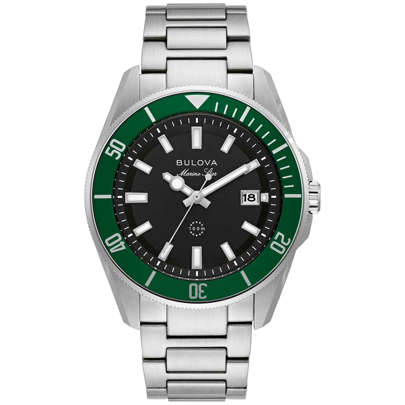Bulova Marine Star duikhorloge met groene lunette en zilveren band