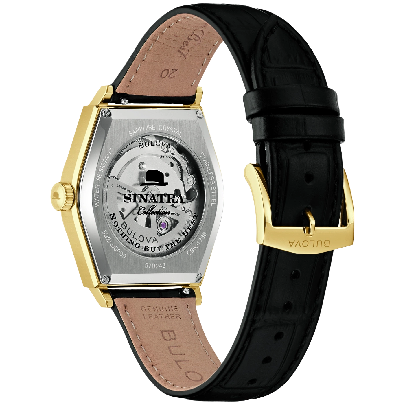 Achterkant van een gouden Bulova horloge met zwarte leren band en zichtvenster.
