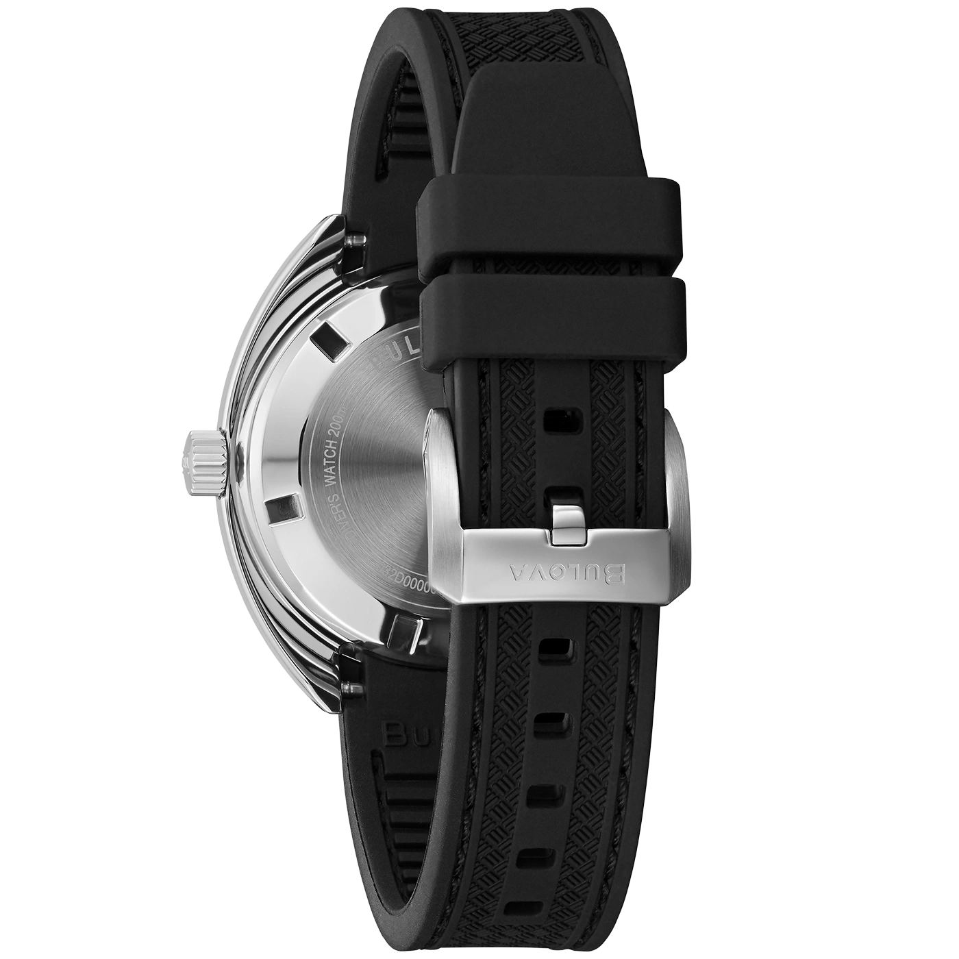 Bulova horloge met zwarte band en zilveren kast, close-up