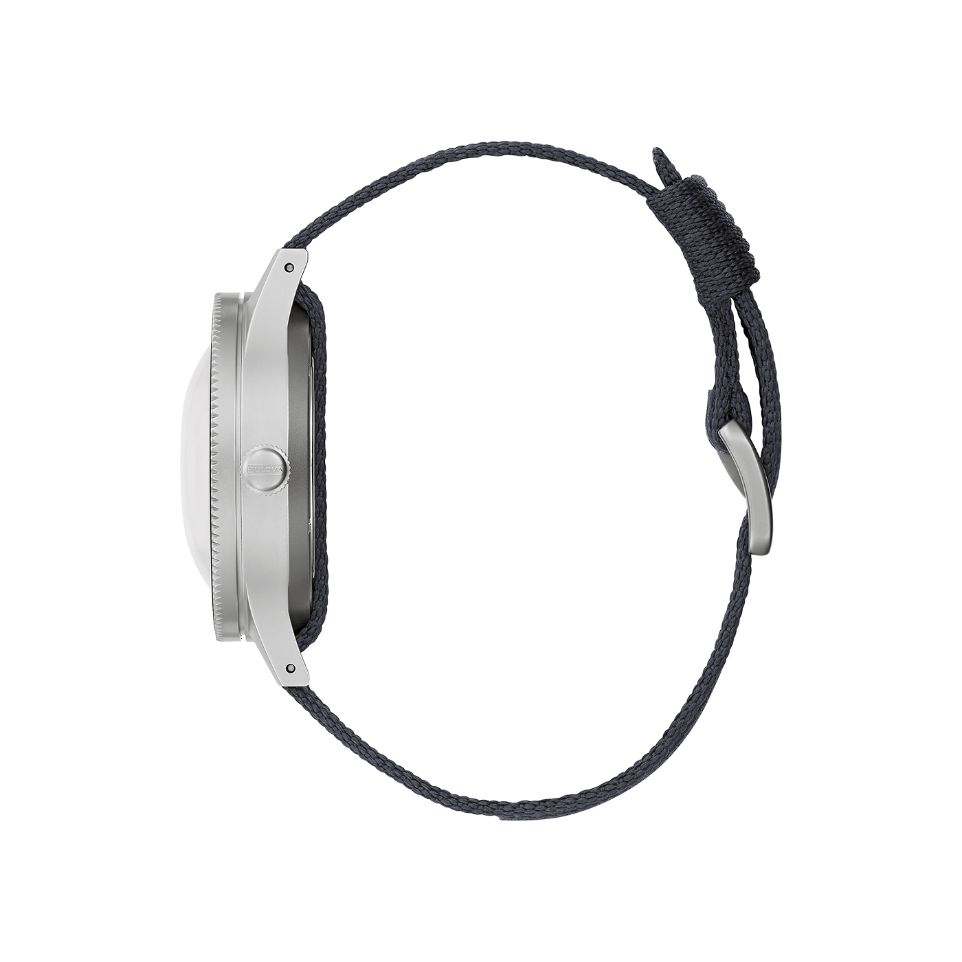 Zilveren smartwatch met donkerblauwe band, zijaanzicht, close-up, modern design