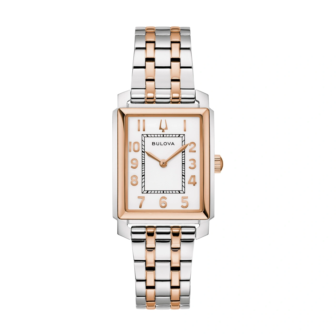 Bulova dameshorloge, rechthoekige wijzerplaat, zilver-roségoudkleurige band, witte wijzerplaat.