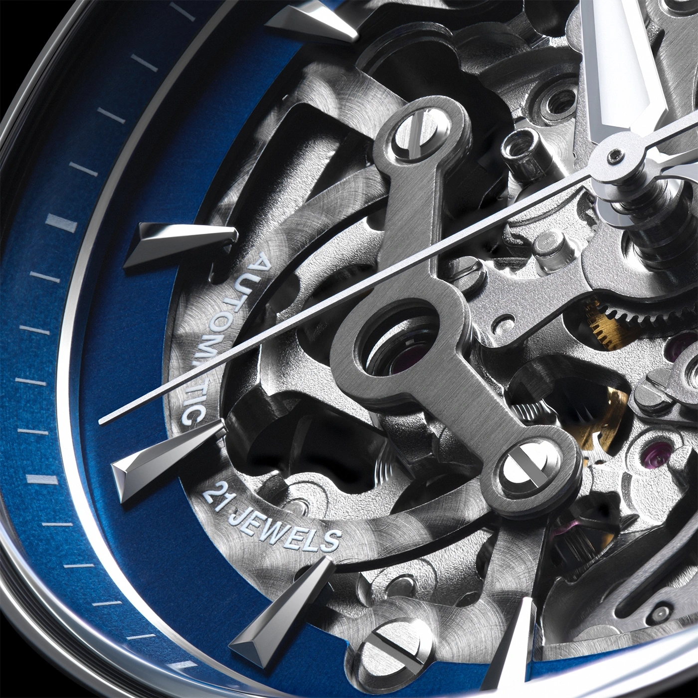 Close-up van een horloge met blauwe wijzerplaat en complex uurwerk.