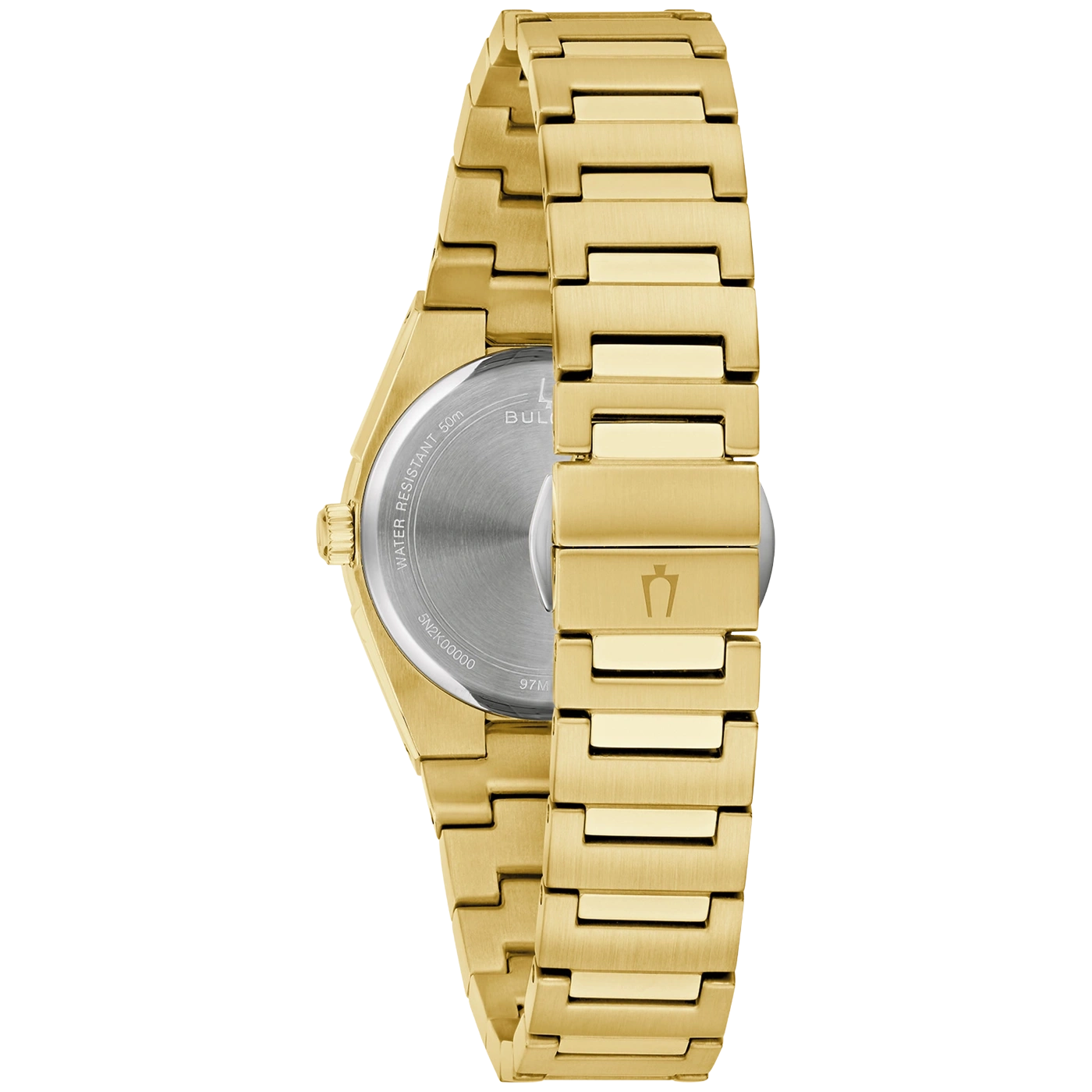 Achterkant van een gouden Bulova horloge met 50m waterbestendigheid.