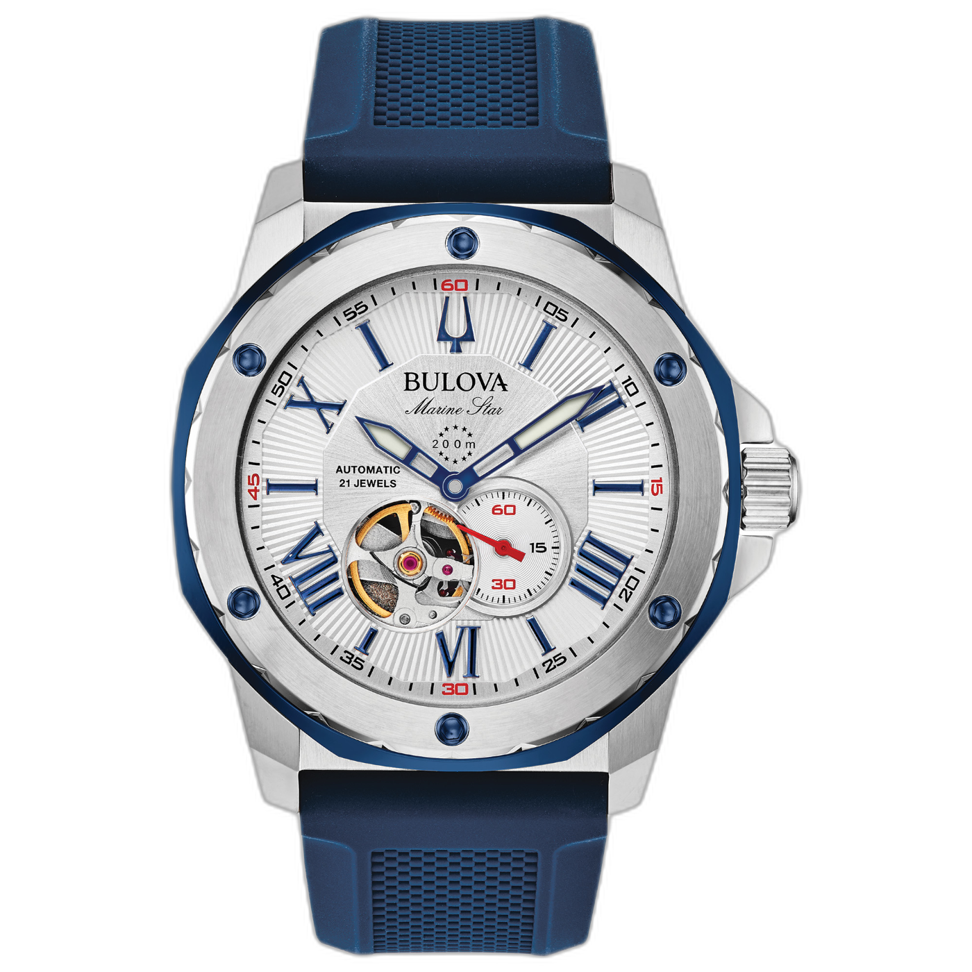Bulova Marine Star horloge, blauwe band, zilveren wijzerplaat, automatisch uurwerk, 200m waterdicht.