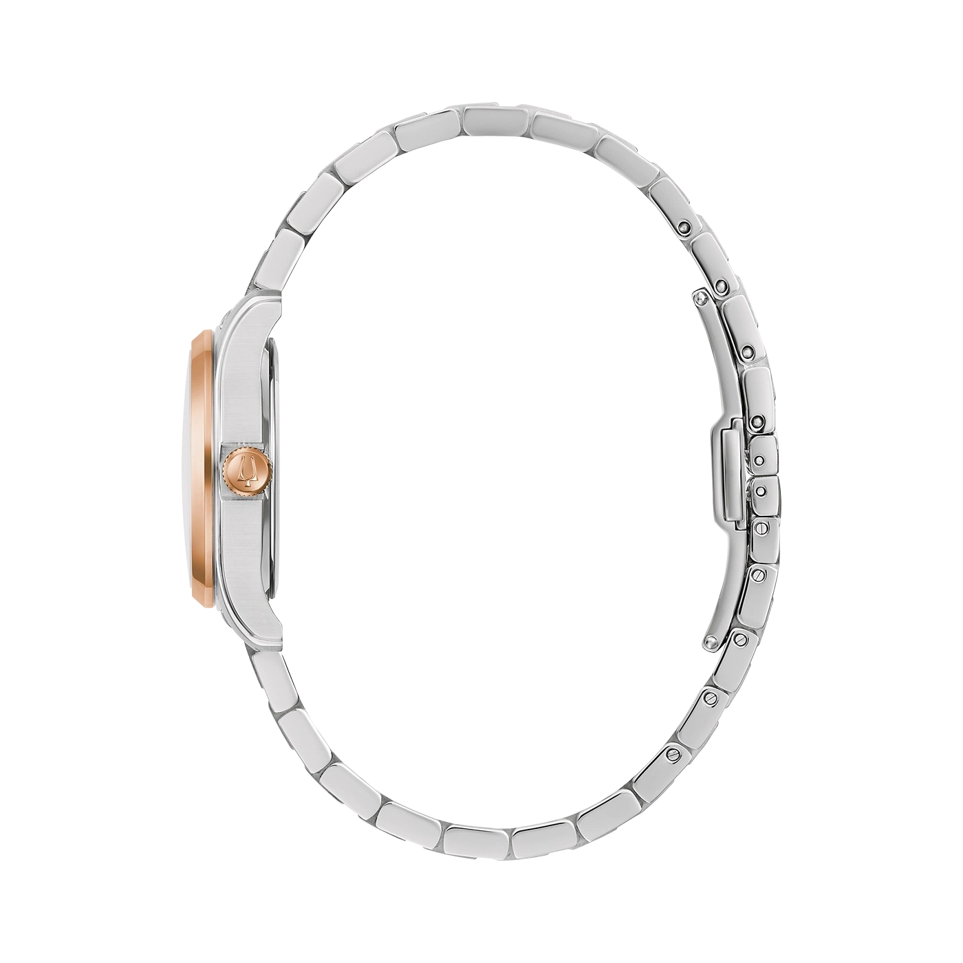 Horloge, zilveren band, roségouden wijzerplaat, zijaanzicht, elegant ontwerp