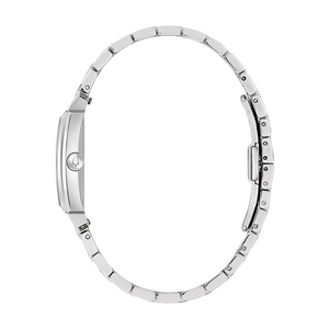 Zilveren dameshorloge, zijaanzicht, armband, elegant ontwerp, detailopname, sieraden