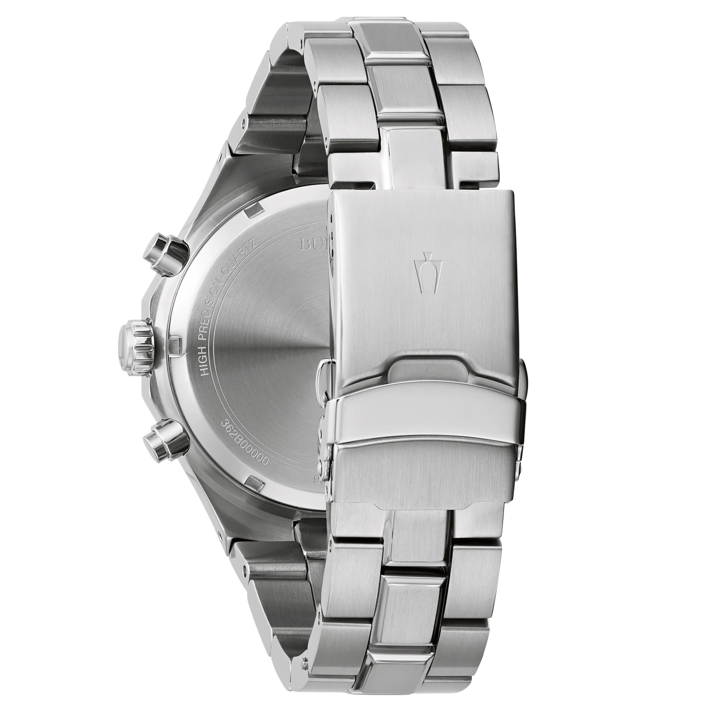 Achterkant van een zilveren horloge met armband en details.