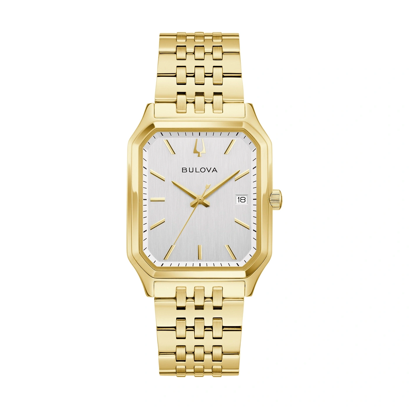 Gouden Bulova horloge met rechthoekige wijzerplaat en armband