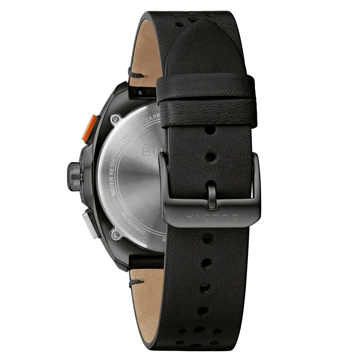 Zwarte horloge met leren band en Bulova-logo, detailopname, close-up