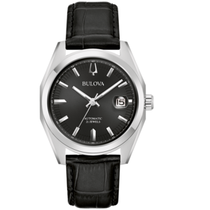 Bulova horloge, zwarte wijzerplaat, leren band, datum, automatisch, 21 juwelen.