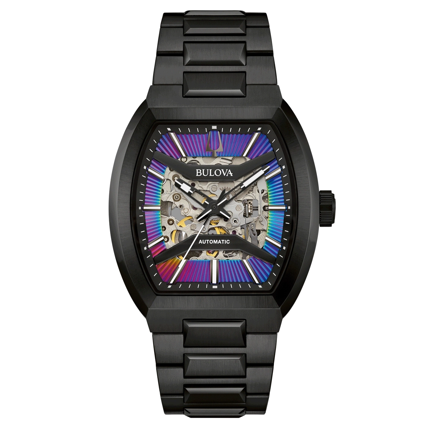 Zwart Bulova horloge met skelet wijzerplaat en regenboogkleuren, automatisch