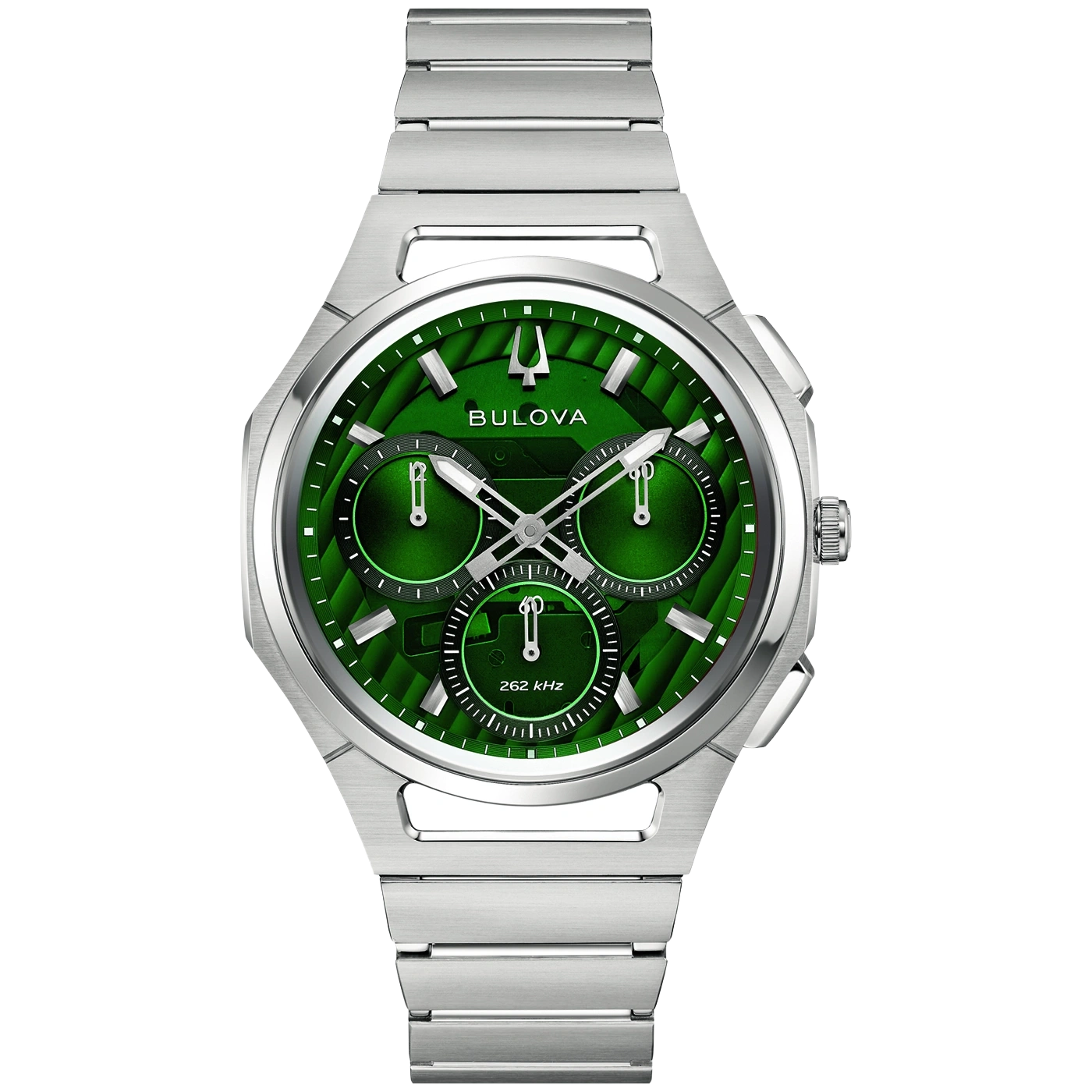 Groene Bulova herenhorloge met zilveren band en chronograaf display.