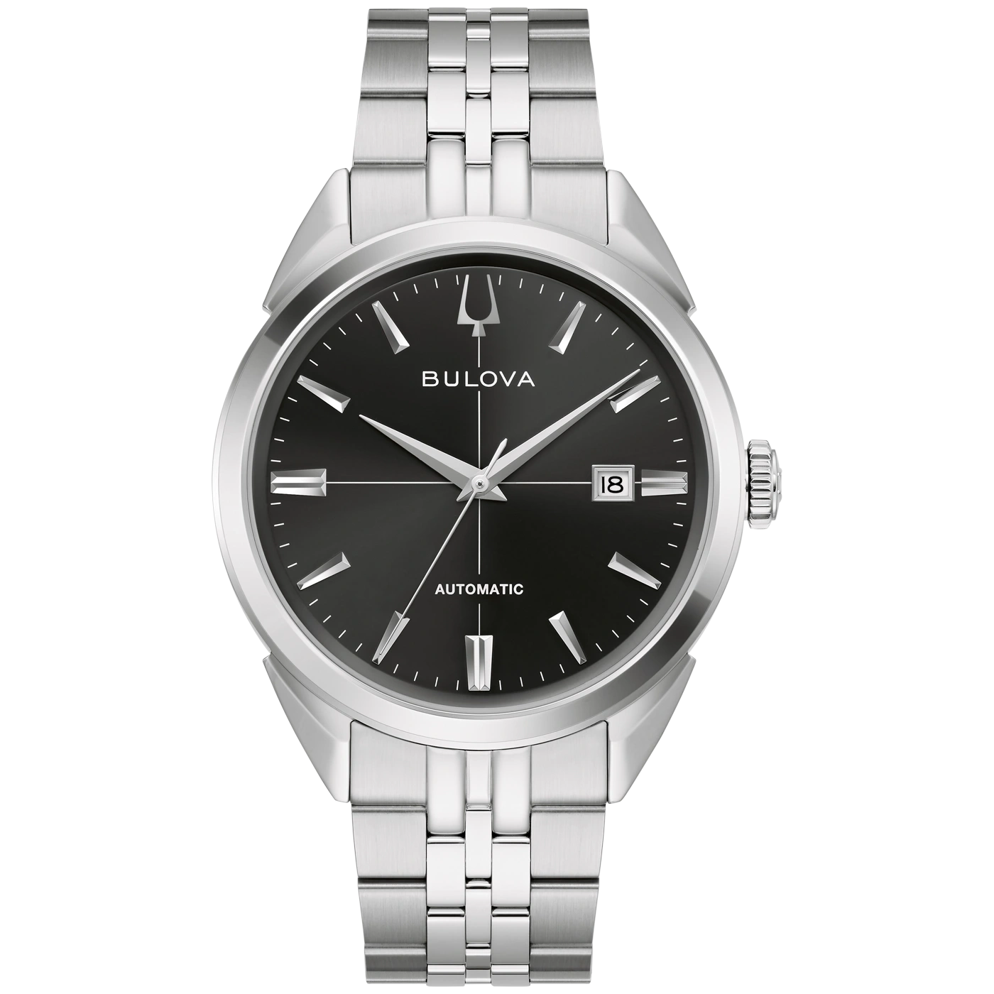 Een zilverkleurig Bulova automatisch herenhorloge met zwarte wijzerplaat en datumaanduiding.
