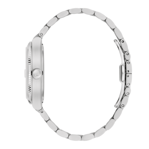 Horloge, zilveren band, zijaanzicht, ronde wijzerplaat, detailopname, accessoire, sieraad
