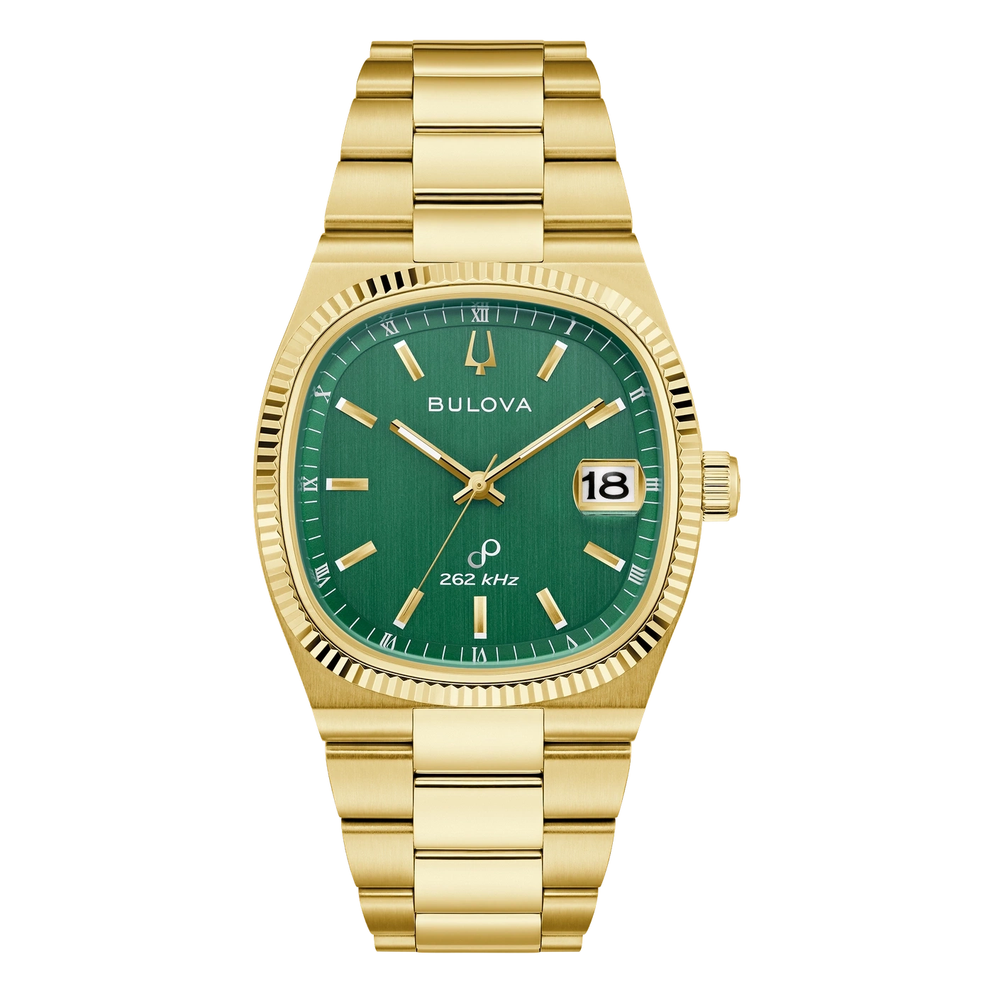 Gouden Bulova horloge met groene wijzerplaat en Romeinse cijfers.