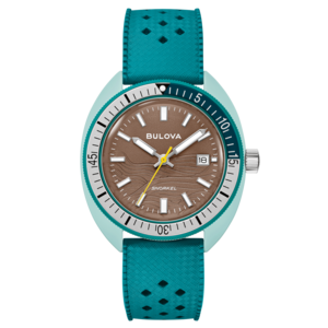 Bulova Snorkel horloge, bruine wijzerplaat, turkoois bandje, detailopname, close-up