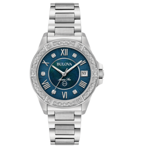 Bulova Marine Star dameshorloge, blauwe wijzerplaat, diamanten, roestvrijstalen band
