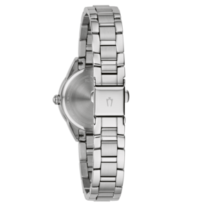 Achterkant van zilveren horloge met armband en logo, waterdicht