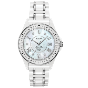 Witte Bulova Marine Star dameshorloge met parelmoer wijzerplaat en diamanten