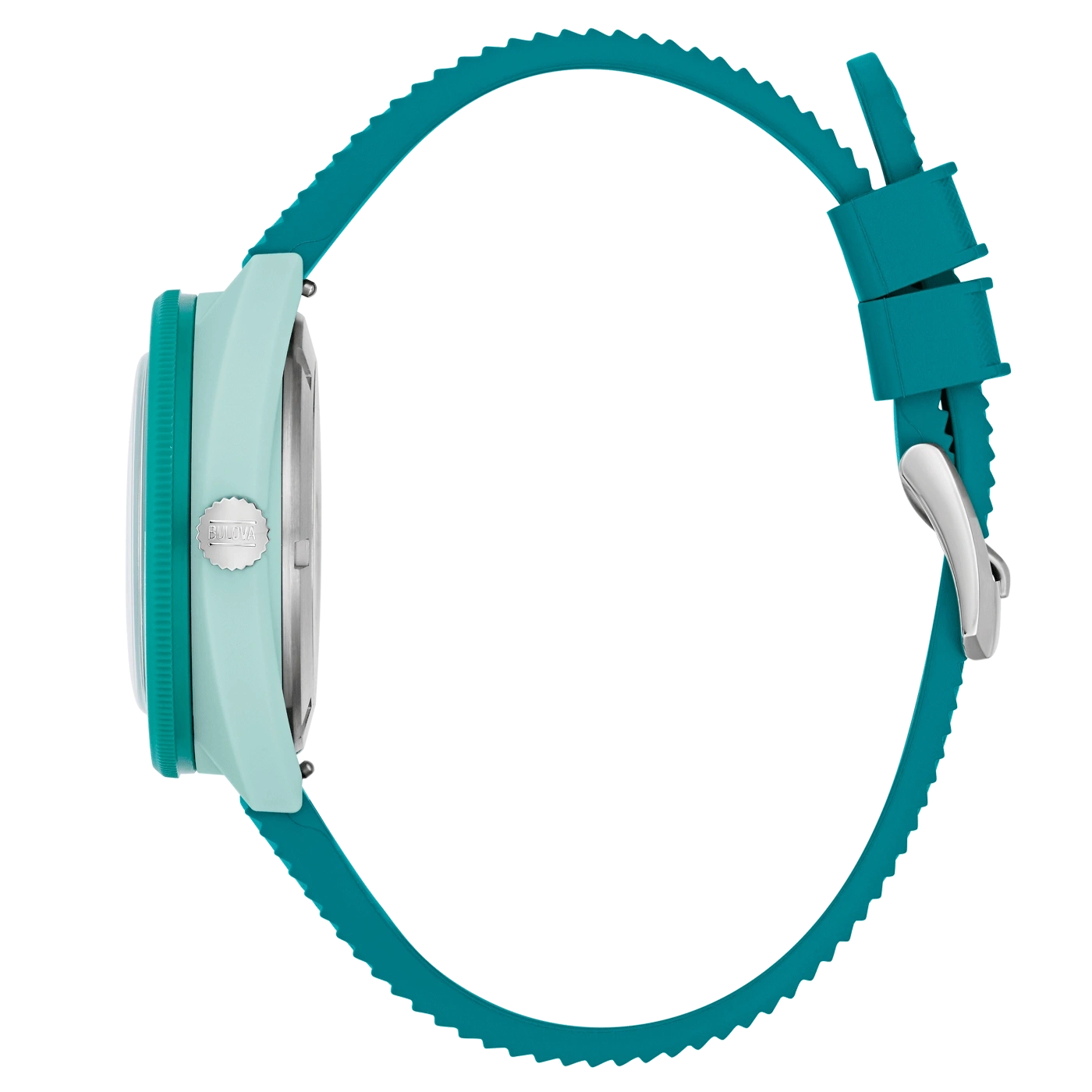 Turkoois horloge met groen bandje. Bulova-logo. Detailopname van het horloge.