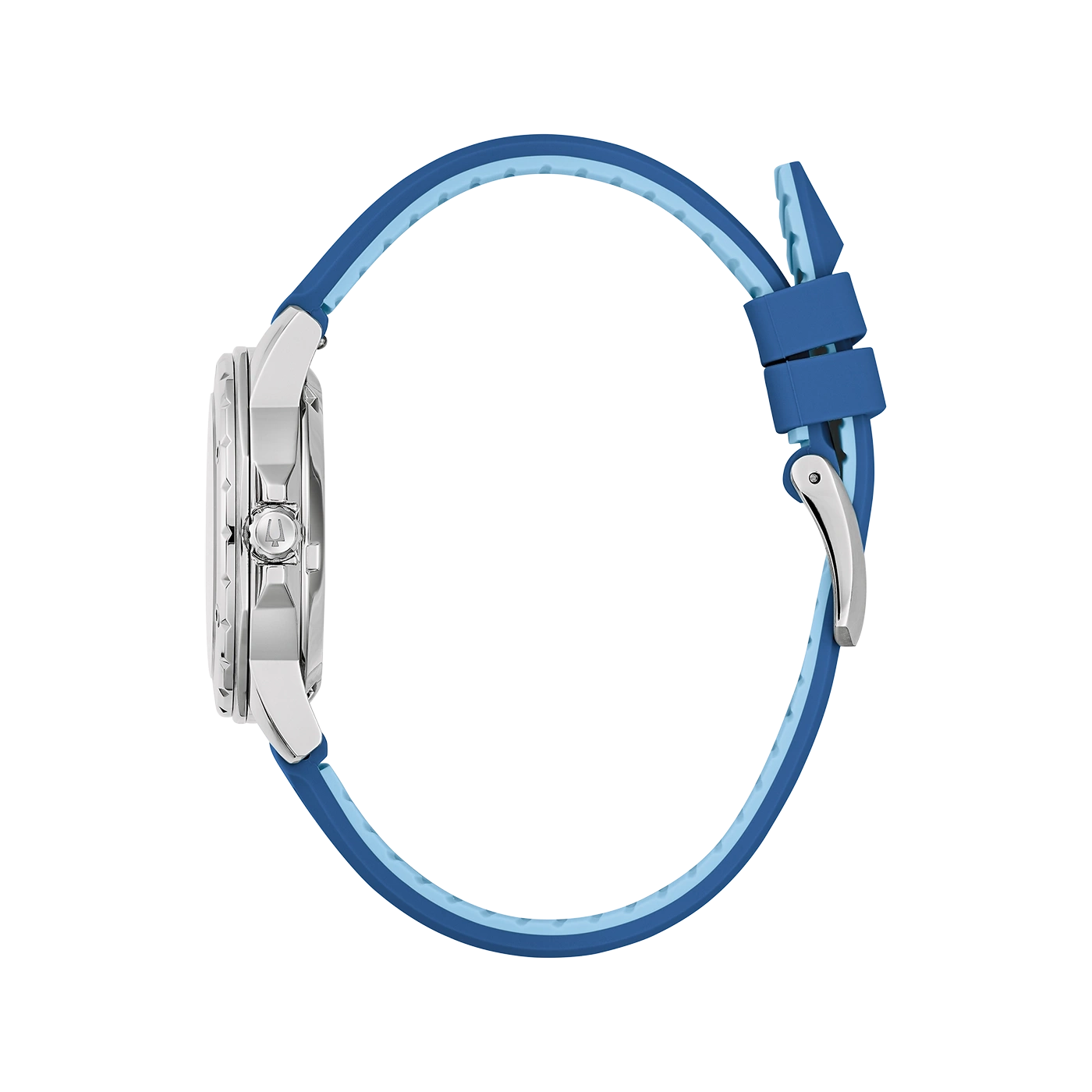 Horloge met blauwe band, zijaanzicht, zilveren kast, detailopname, modeaccessoire
