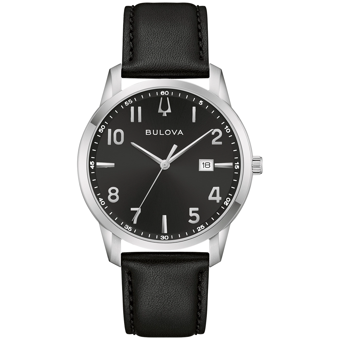 Een zwarte Bulova polshorloge met zilveren kast en zwarte leren band.