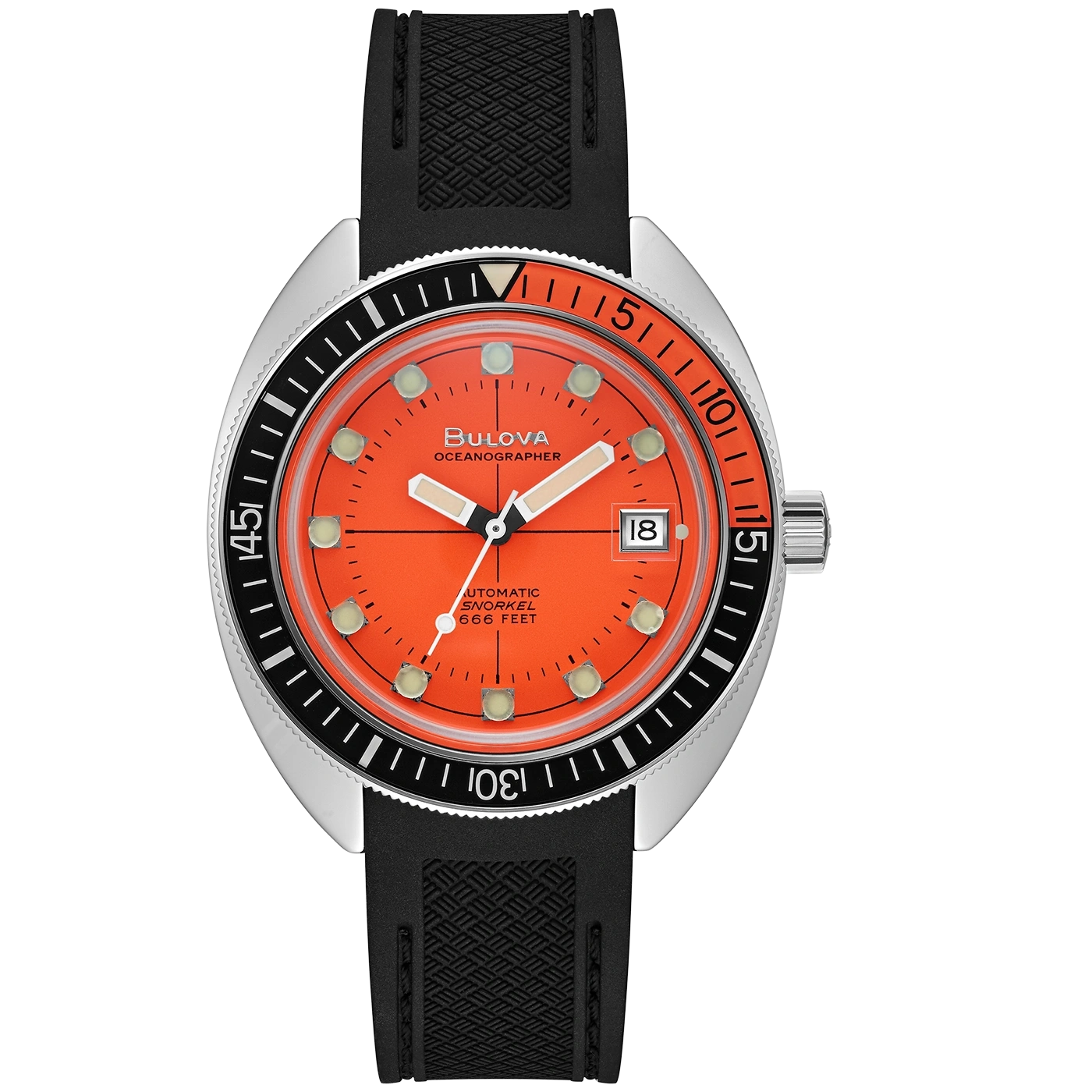 Bulova Oceanographer horloge, oranje wijzerplaat, zwarte band, datum, roestvrij staal